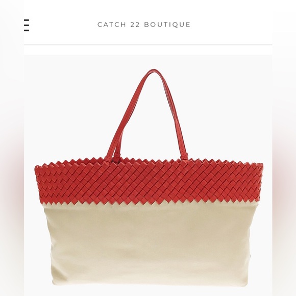 Bottega Veneta Red Intrecciato Trimmed Cream Leather Tote - Picture 1 of 11